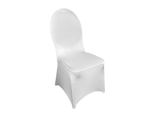 Weiße Bankettstuhl-Husse aus Stretch-Stoff – mieten für Hochzeiten, Gala & Events.