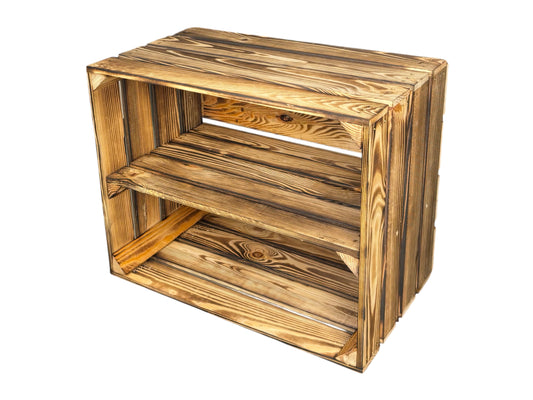 Geflammte Dekokiste mit mittigem Regalboden – Deko-Element für Hochzeiten und Events