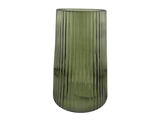Grüne Glasvase geriffelt Ø13 x H20 cm – elegante Blumenvase mieten für Tischdekorationen bei Hochzeiten & Events