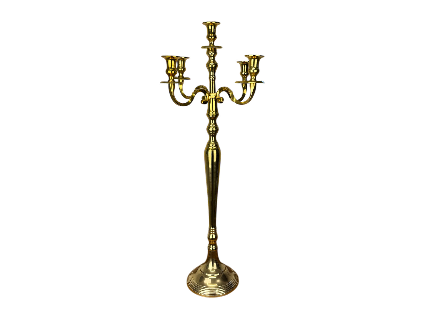 Goldener 5-armiger Kerzenleuchter (80 cm) – eleganter Kandelaber für Hochzeiten & Events, optional mit weißen Stabkerzen.