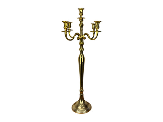 Goldener 5-armiger Kerzenleuchter (80 cm) – eleganter Kandelaber für Hochzeiten & Events, optional mit weißen Stabkerzen.