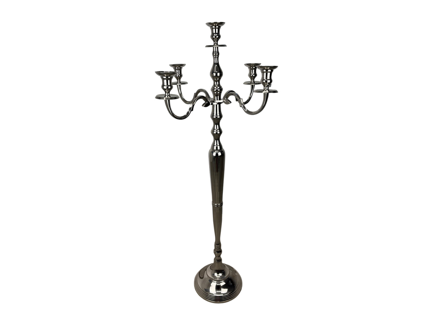Großer silberner 5-armiger Stand-Kerzenleuchter (122 cm) – XXL-Kandelaber für Hochzeiten & Events, optional mit weißen Stabkerzen.