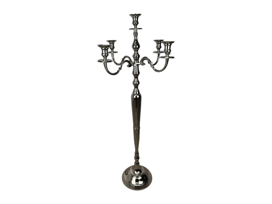 Großer silberner 5-armiger Stand-Kerzenleuchter (122 cm) – XXL-Kandelaber für Hochzeiten & Events, optional mit weißen Stabkerzen.
