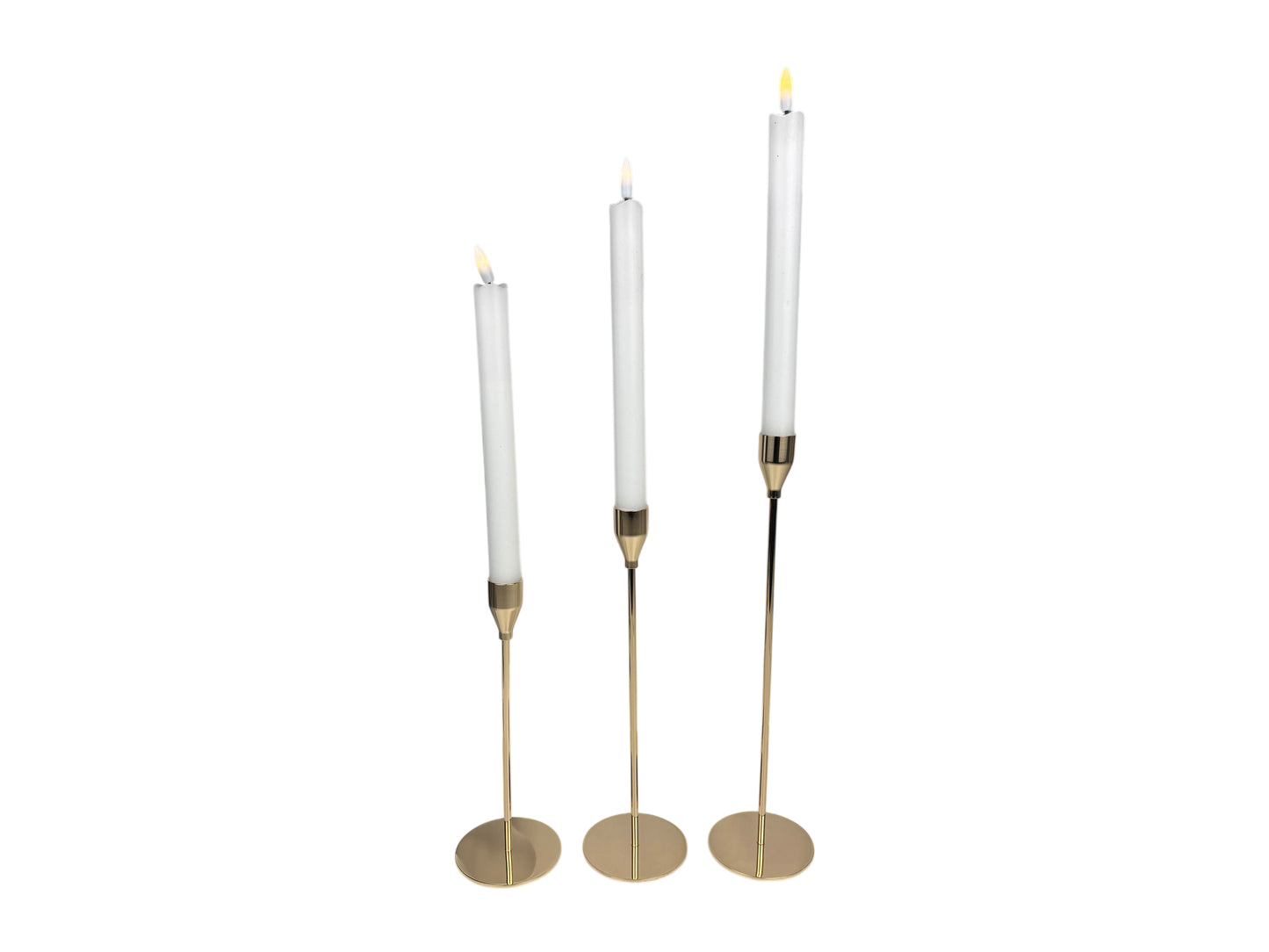Kerzenhalter 3er Set Gold mit LED-Stabkerzen in drei Höhen für elegante Tischdeko