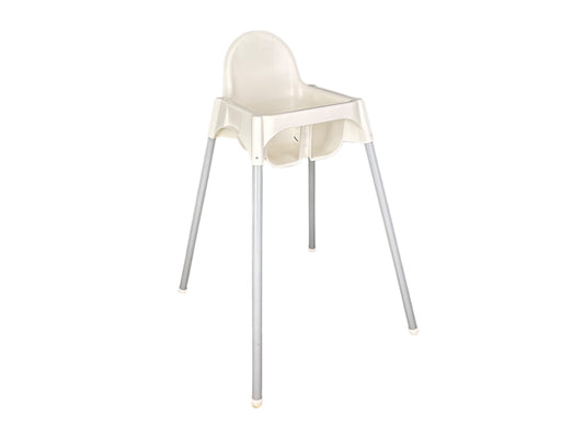 Kinderhochstuhl mieten – weiße Kunststoff-Sitzschale, Sitzhöhe 54 cm, ideal für Events mit Kindern.