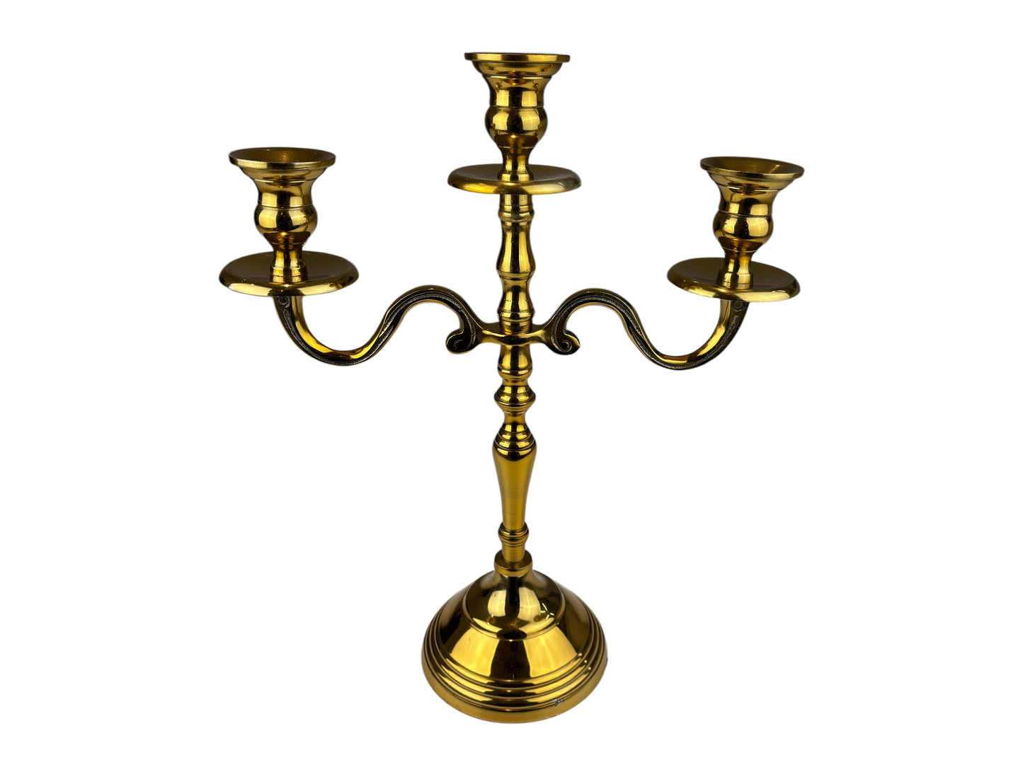 Kleiner goldener 3-armiger Kerzenleuchter mit 31 cm Höhe – passend für Stabkerzen bis 22 mm, ideal für elegante Hochzeiten & festliche Anlässe