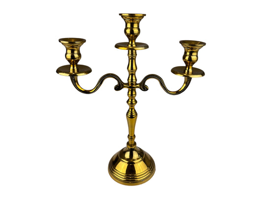 Kleiner goldener 3-armiger Kerzenleuchter mit 31 cm Höhe – passend für Stabkerzen bis 22 mm, ideal für elegante Hochzeiten & festliche Anlässe