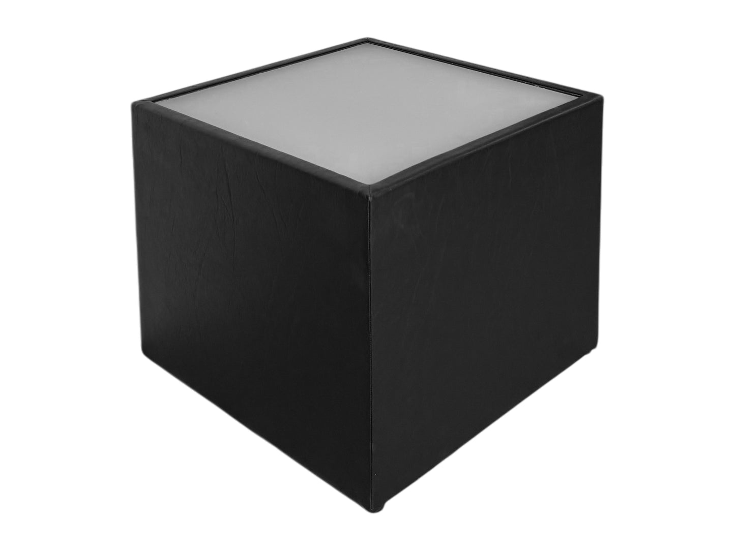 Lounge-Tisch in Würfelform mit Kunstlederbezug in Weiß und Milchglasplatte – optional mit RGB-Akku-Beleuchtung für Events und Loungebereiche.