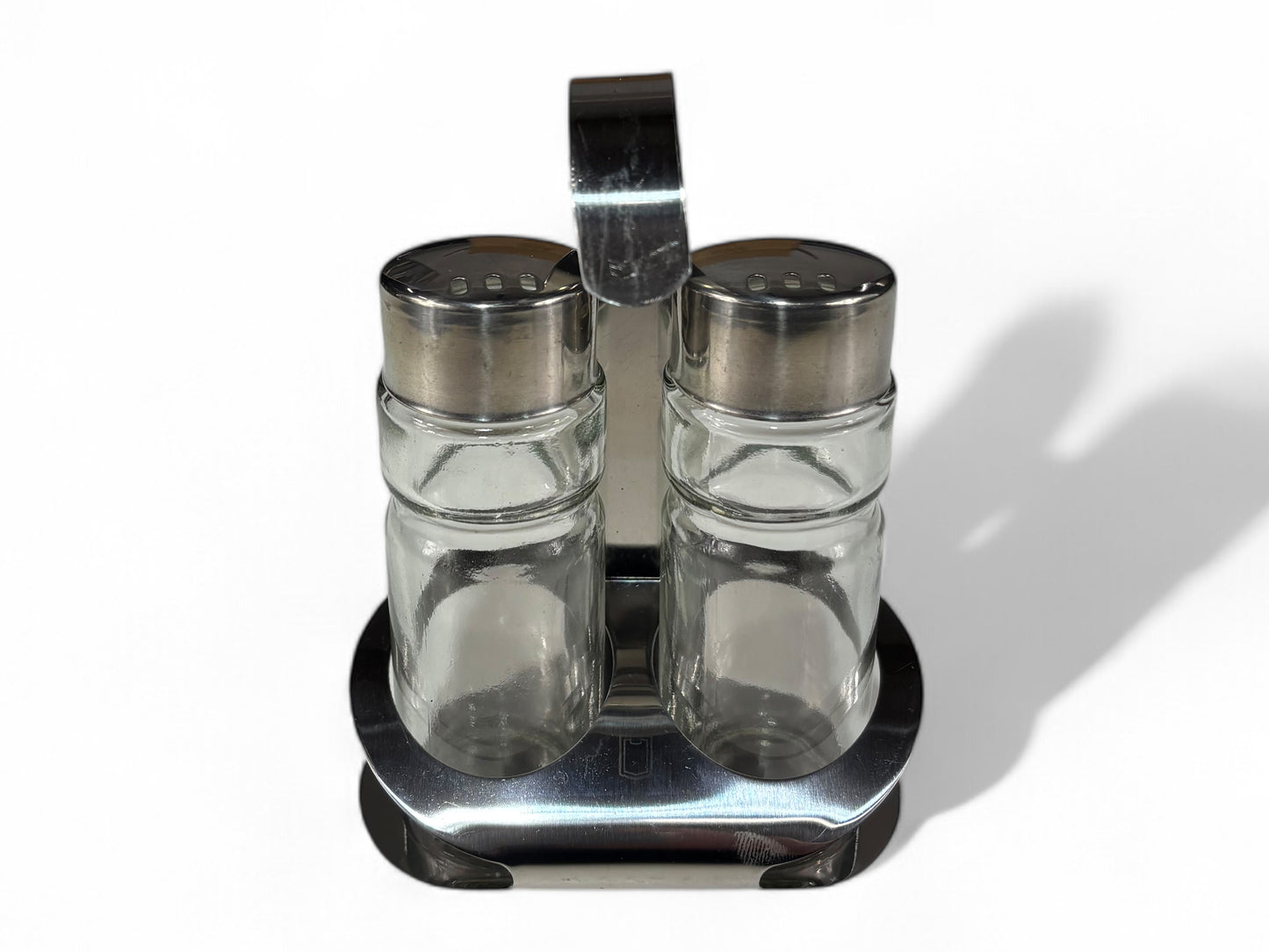 3-teiliges Menage Set mit Salz- und Pfefferstreuer aus Glas und Edelstahl-Träger.