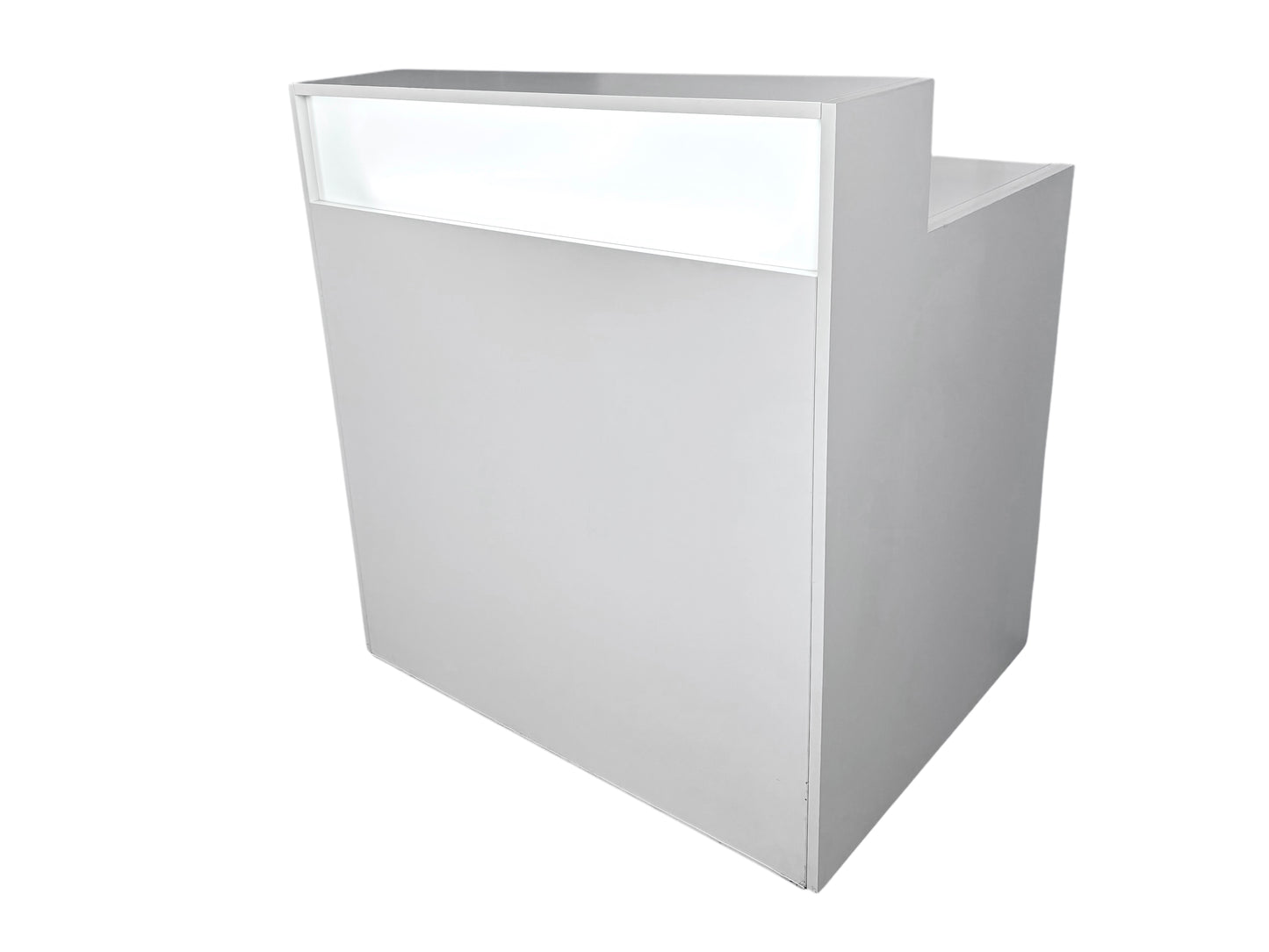 Gerade Messetheke „Kiel“ in Weiß mit LED, Stauraum und Kabeldurchlässen – mobil auf Rollen, ideal für Messen und Events