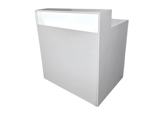 Gerade Messetheke „Kiel“ in Weiß mit LED, Stauraum und Kabeldurchlässen – mobil auf Rollen, ideal für Messen und Events