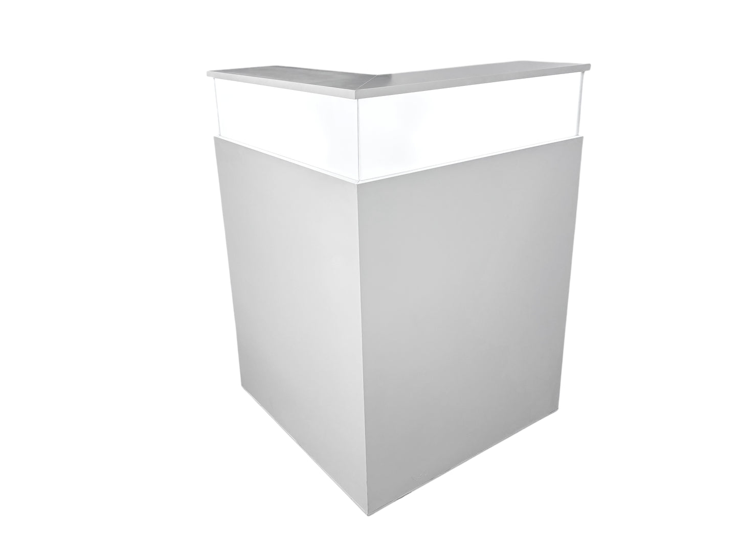 Eckmodul „Kiel Corner“ – weiße 90° Messetheke mit LED, Stauraum und Kabeldurchlässen für modulare Event- und Messeaufbauten