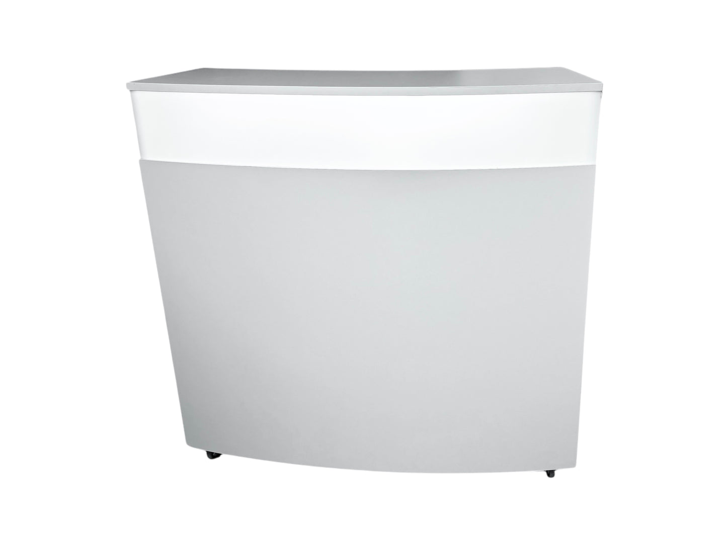 Gebogene Messetheke mit Milchglasstreifen & LED – Modell „Kiel Curved“ mit Stauraum und Kabeldurchlässen, ideal für Events & Messen