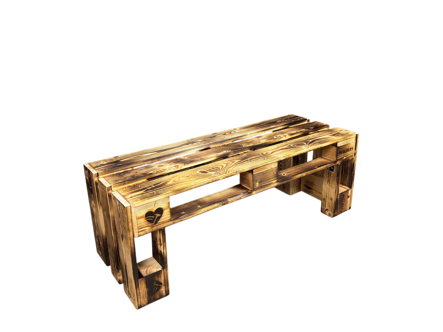 Rustikale Palettenbank aus geflammtem Holz – stabile Sitzgelegenheit für Lounge- und Outdoor-Bereiche bei Events