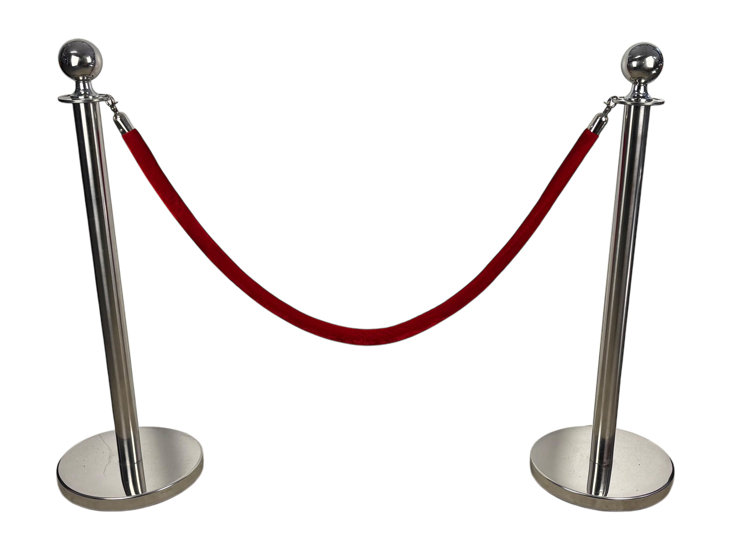 Zwei silberne VIP-Absperrpoller mit roter Samtkordel – Start-Set zur Absperrung bei Events, Hochzeiten und Veranstaltungen