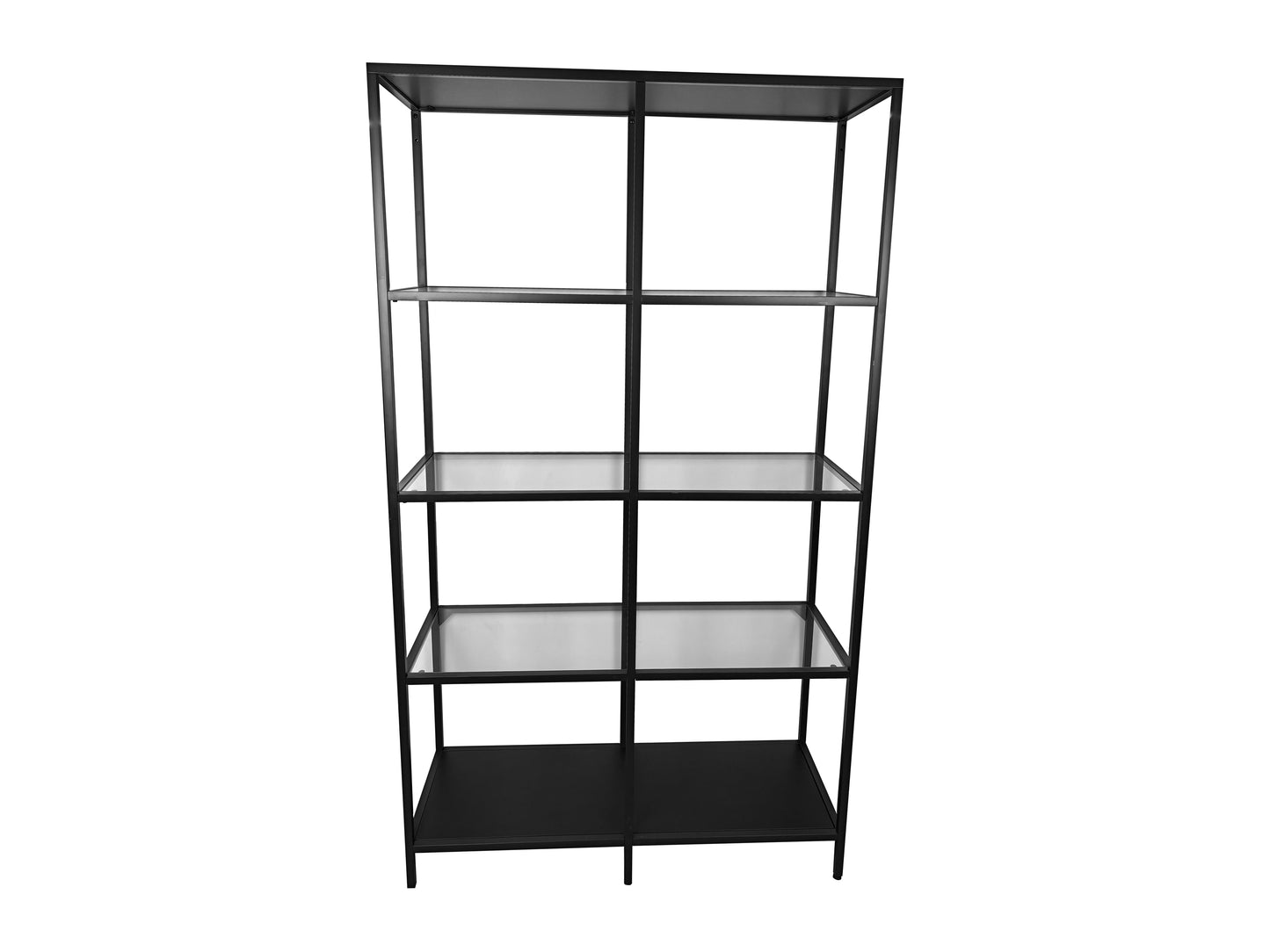 Schwarzes Messe-Regal mit Glasböden – hochwertiges Präsentationsmöbel für Messestände, Ausstellungen & Produktpräsentationen