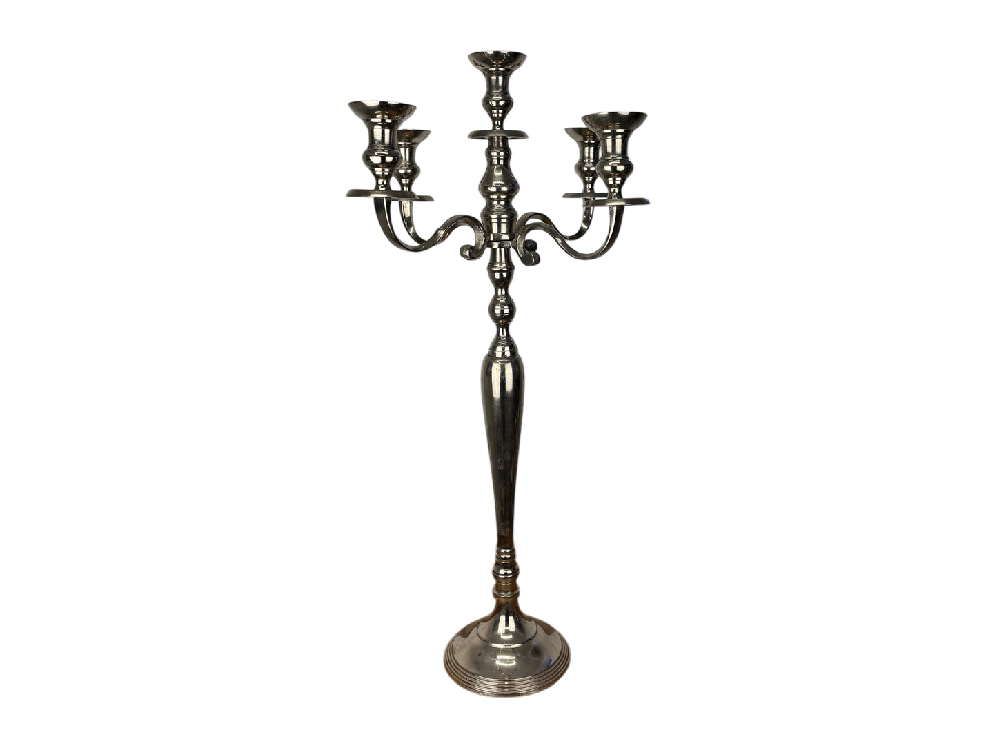 Silberner 5-armiger Kerzenleuchter (80 cm) – eleganter Kandelaber für Hochzeiten & Events, optional mit weißen Stabkerzen.