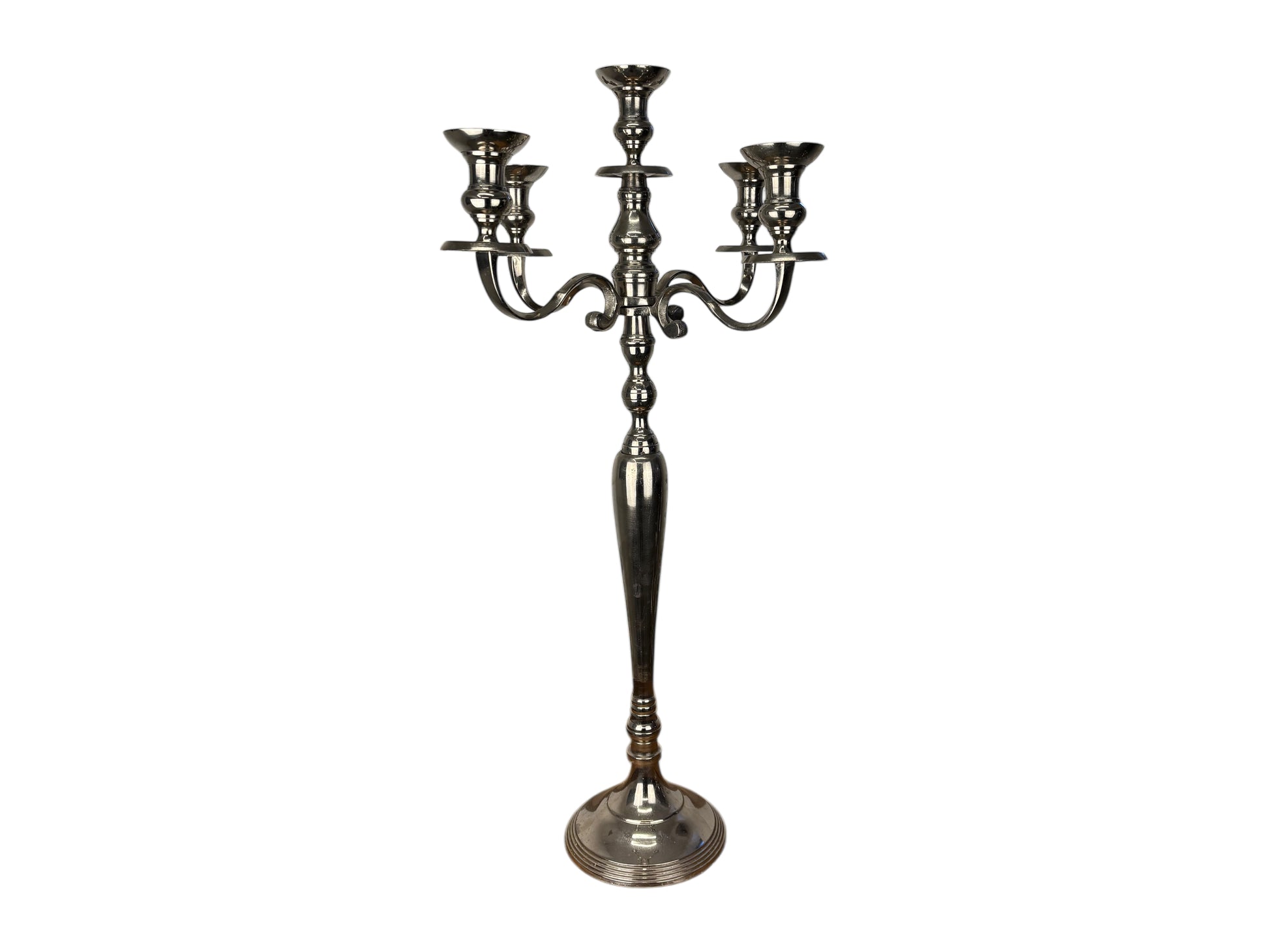 Silberner 5-armiger Kerzenleuchter (80 cm) – eleganter Kandelaber für Hochzeiten & Events, optional mit weißen Stabkerzen.