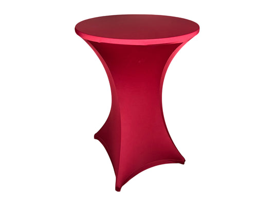 Stehtisch mit bordeauxroter (weinroter) Stretchhusse Ø 80 cm, H 110 cm – mieten für Hochzeiten, Gala & Weihnachtsfeiern.