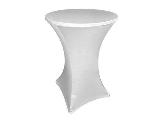 Stehtisch mit weißer Stretchhusse Ø 80 cm, H 110 cm – mieten für Hochzeiten & Events.