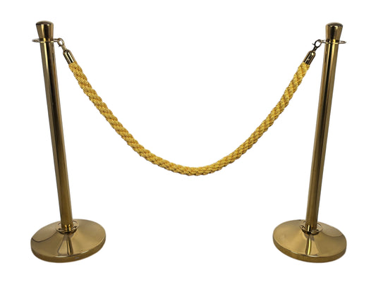 Zwei goldene VIP-Absperrpoller mit geflochtenem goldfarbenem Seil – edles Start-Set für Hochzeiten, Galas und Premium-Events