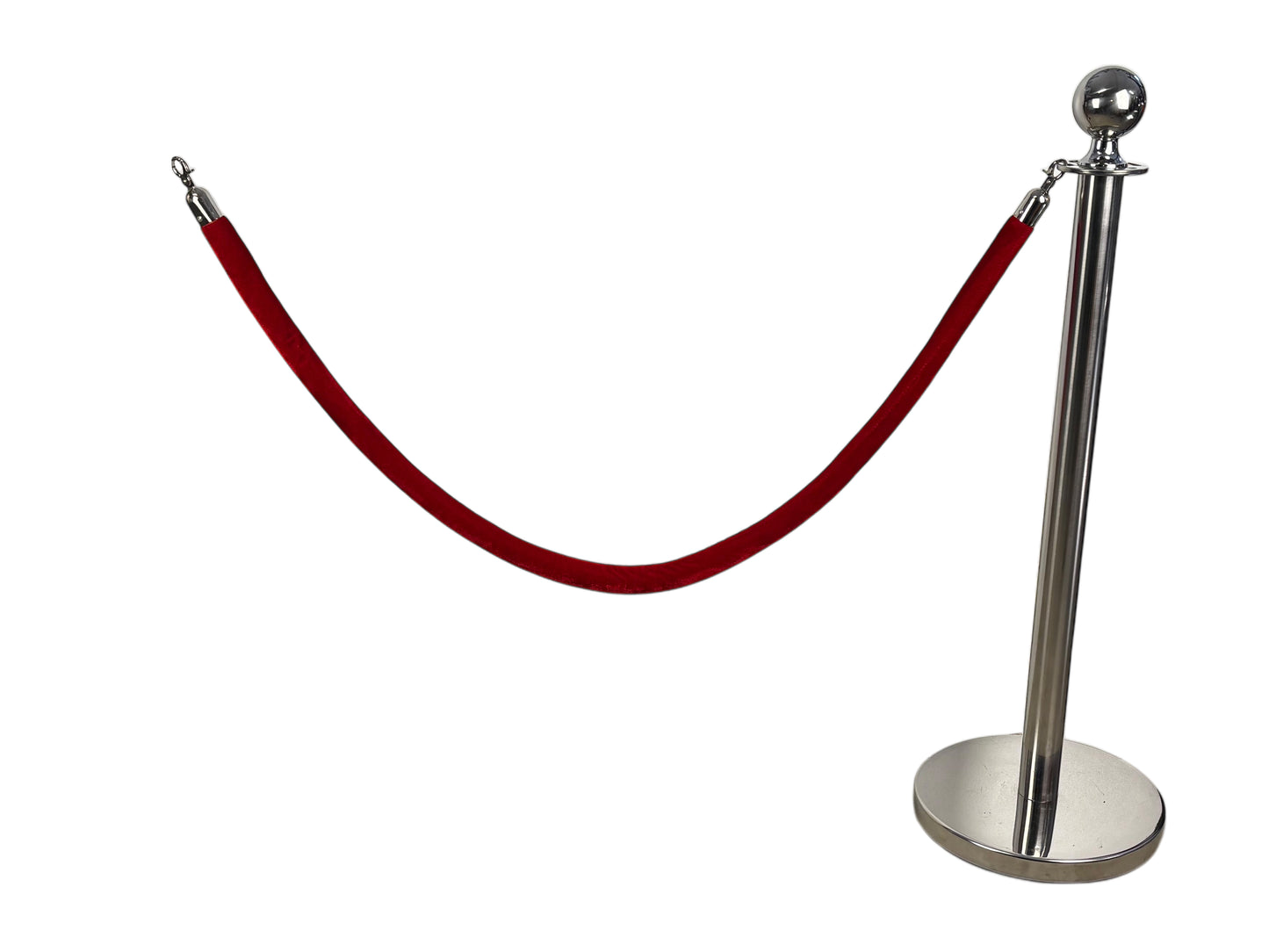 Silberner Absperrpoller mit roter Samtkordel als Verlängerungs-Set – ideal für modulare Absperrungen bei Events und Veranstaltungen