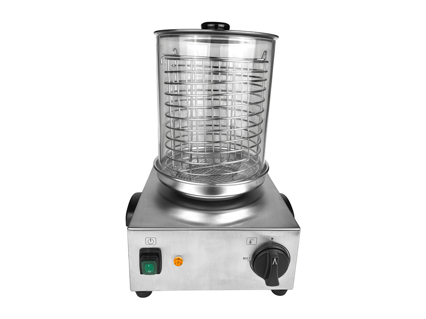 Würstchenwärmer aus Edelstahl mit Glaszylinder Ø 20 cm, Korb mit Trenngitter und Temperaturregelung bis 100 °C für 20–30 Würstchen.