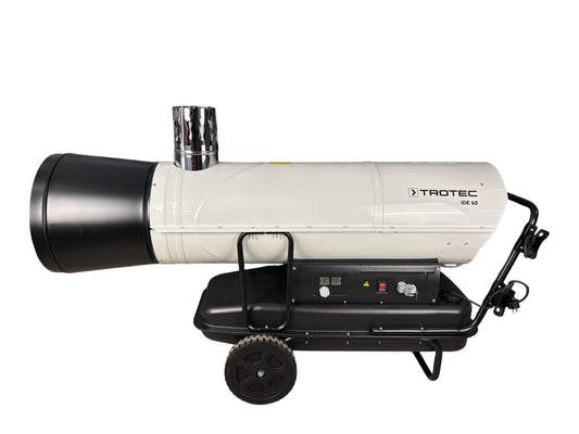 Mobiles Ölheizgebläse mit integriertem Tank und Heizungsschlauch, 60 kW Leistung – perfekt als Zeltheizung für Events.