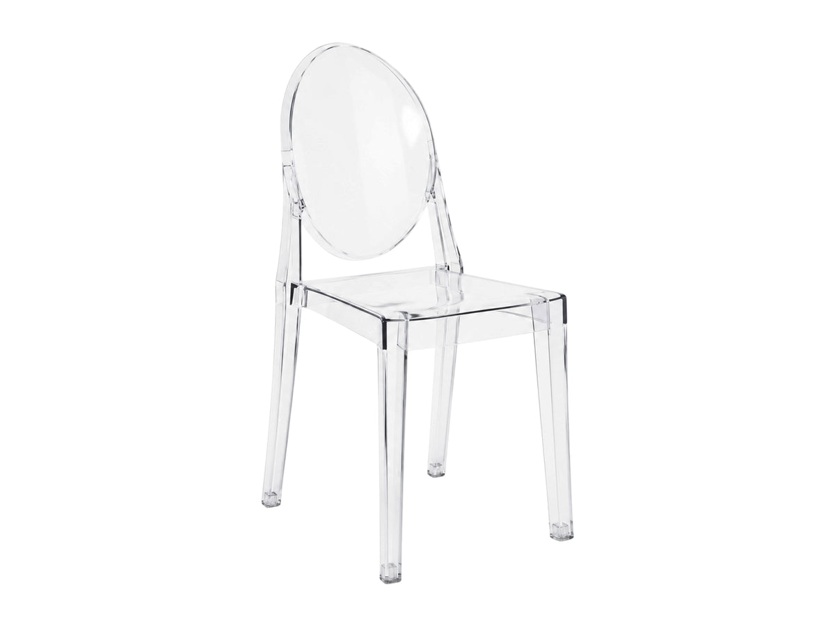 Transparenter Ghost Stuhl mit ovaler Rückenlehne mieten bei Eventverleih SH
