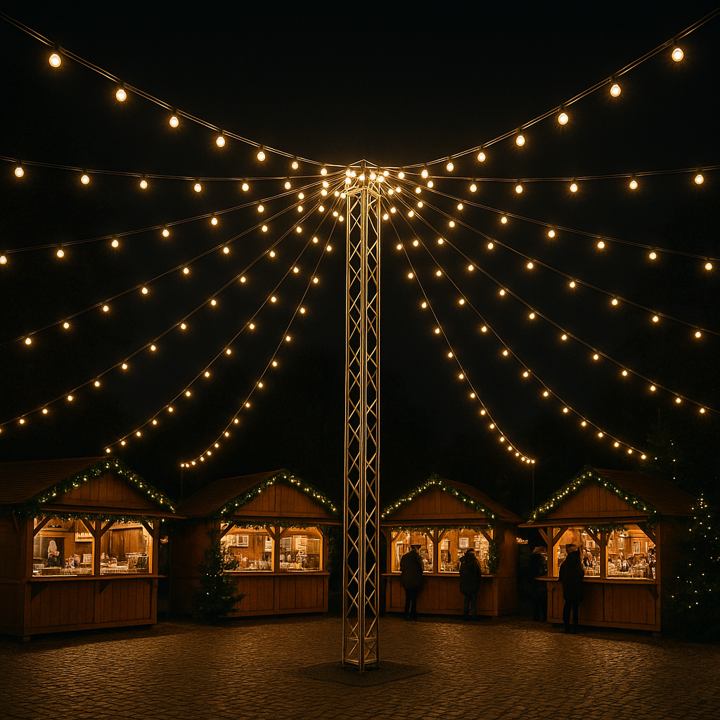 Beleuchtungskonzept für Weihnachtsfeiern mit Traversen-Sternenhimmel aus G40-Vintage-Lichterketten auf kleinem Weihnachtsmarkt mit Buden und festlicher Atmosphäre in Schleswig-Holstein.
