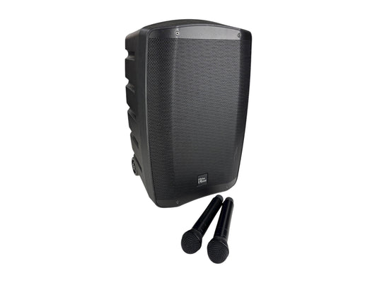 Akku-Lautsprecher mit zwei Funkmikrofonen und Regenschutzhülle – ideal für freie Trauungen und Reden im Freien