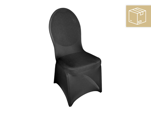 Schwarze Bankettstuhl-Husse aus Stretch-Stoff – mieten für Hochzeiten, Gala & Events.