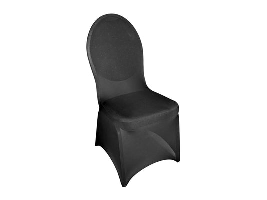 Schwarze Bankettstuhl-Husse aus Stretch-Stoff – mieten für Hochzeiten, Gala & Events.