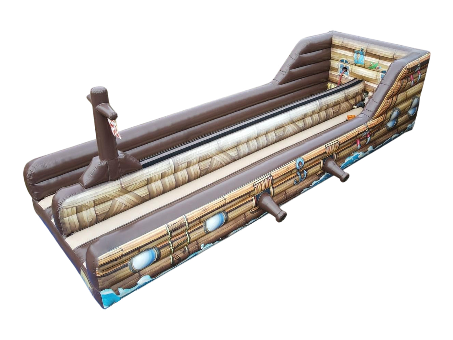 Bungee Run im Piratenschiff-Design – Wettkampfmodul für zwei Personen mit elastischen Seilen, ideal für Events, Stadtfeste und Firmenfeiern.