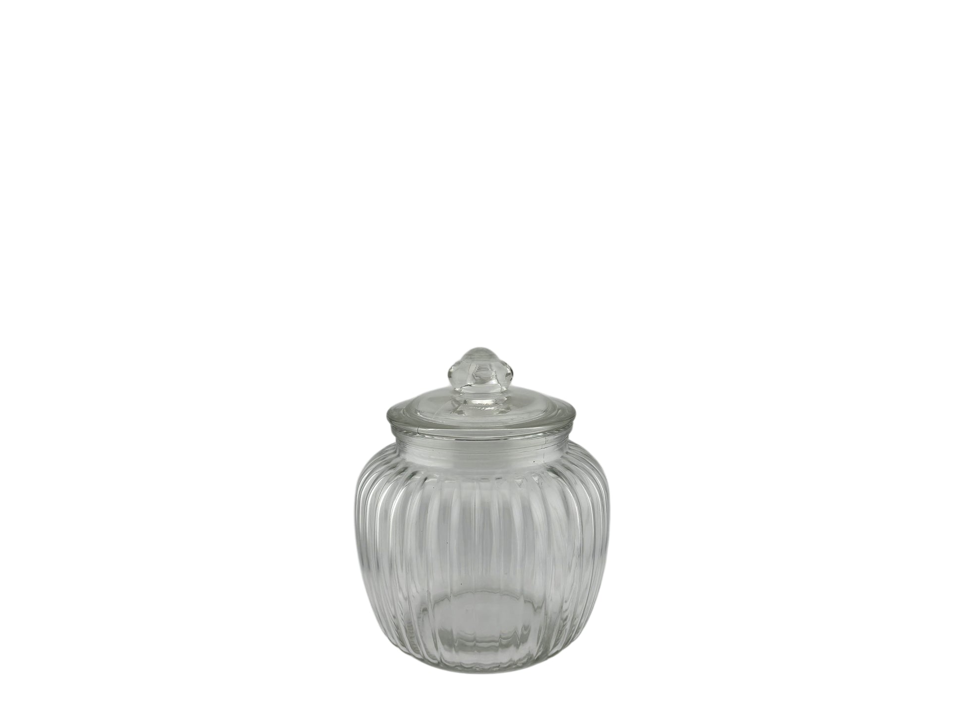 Candy-Bar-Glas M aus geriffeltem Klarglas mit Deckel, 1,5 Liter, 14 cm Durchmesser und 17,5 cm Höhe.