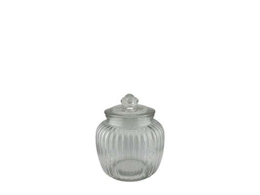 Candy-Bar-Glas M aus geriffeltem Klarglas mit Deckel, 1,5 Liter, 14 cm Durchmesser und 17,5 cm Höhe.