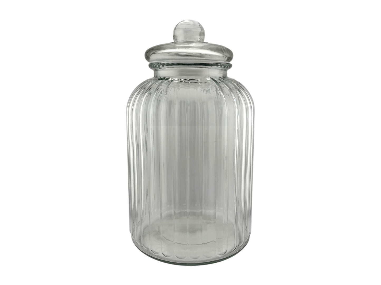 Großes Candy-Bar-Glas aus geriffeltem Klarglas mit Deckel, 4,6 Liter, 17,5 cm Durchmesser und 32 cm Höhe.