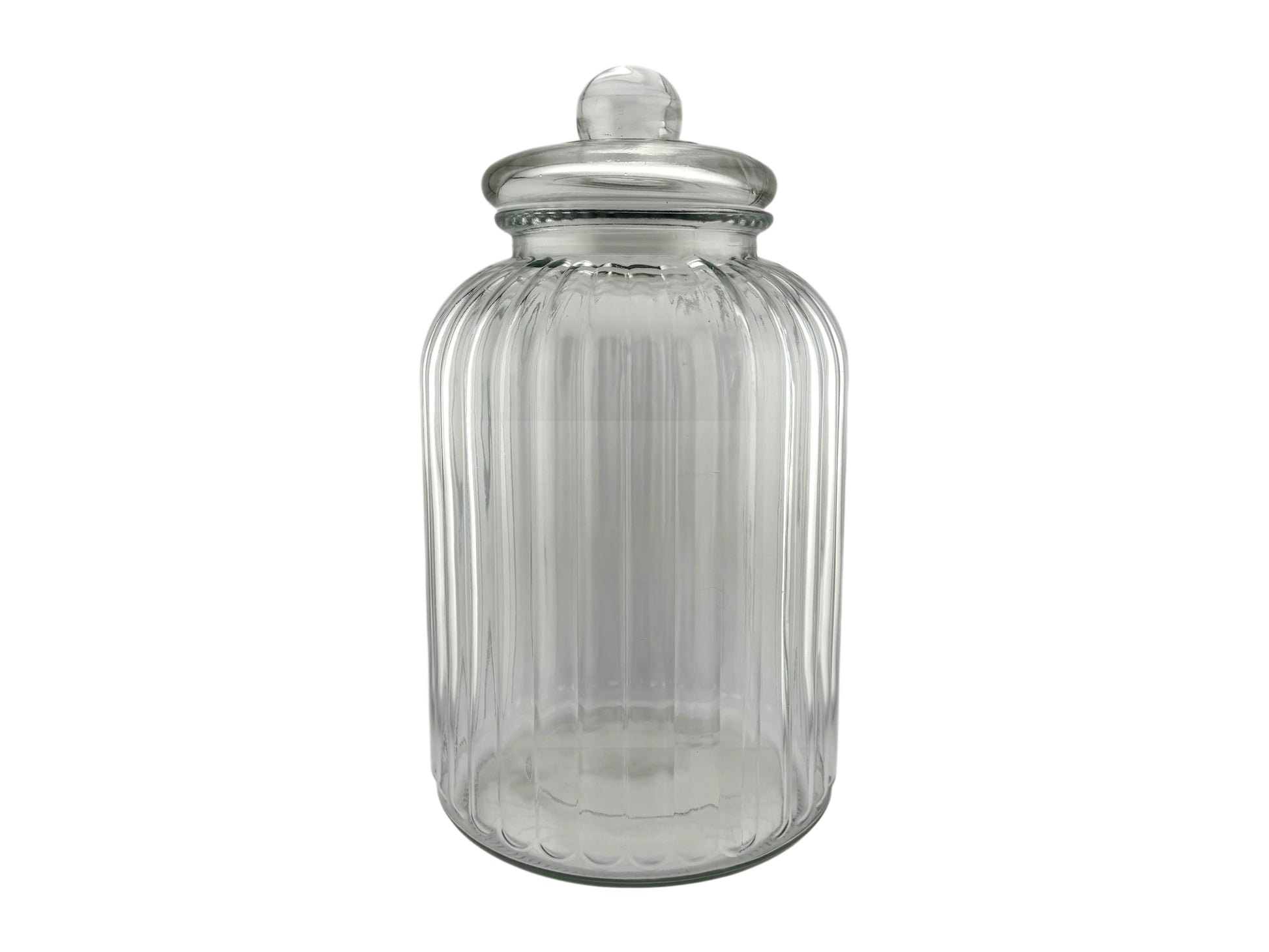 Großes Candy-Bar-Glas aus geriffeltem Klarglas mit Deckel, 4,6 Liter, 17,5 cm Durchmesser und 32 cm Höhe.