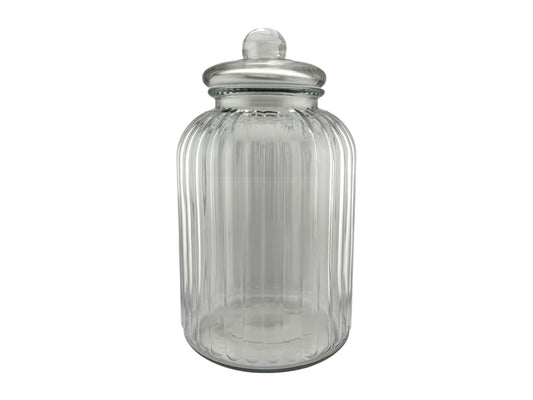 Großes Candy-Bar-Glas aus geriffeltem Klarglas mit Deckel, 4,6 Liter, 17,5 cm Durchmesser und 32 cm Höhe.