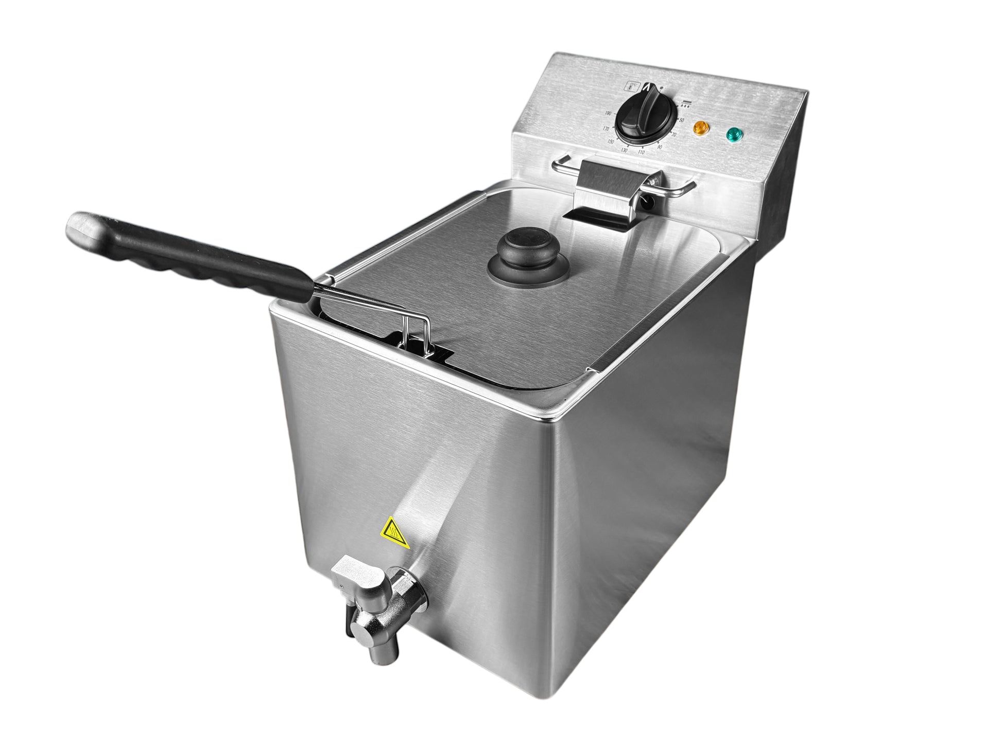 Edelstahl-Fritteuse mit 8 Litern Ölvolumen, 130–180 °C Temperaturbereich und Griffkorb – ideal für Events & Catering.