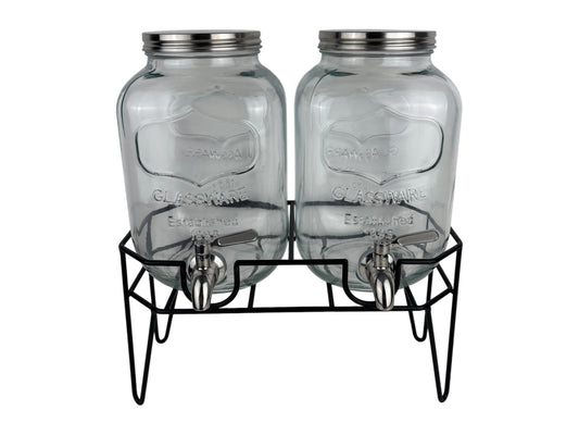 Doppel-Getränkespender aus Glas mit zwei 4-Liter-Behältern und Metallständer, perfekt für Hochzeiten & Events.