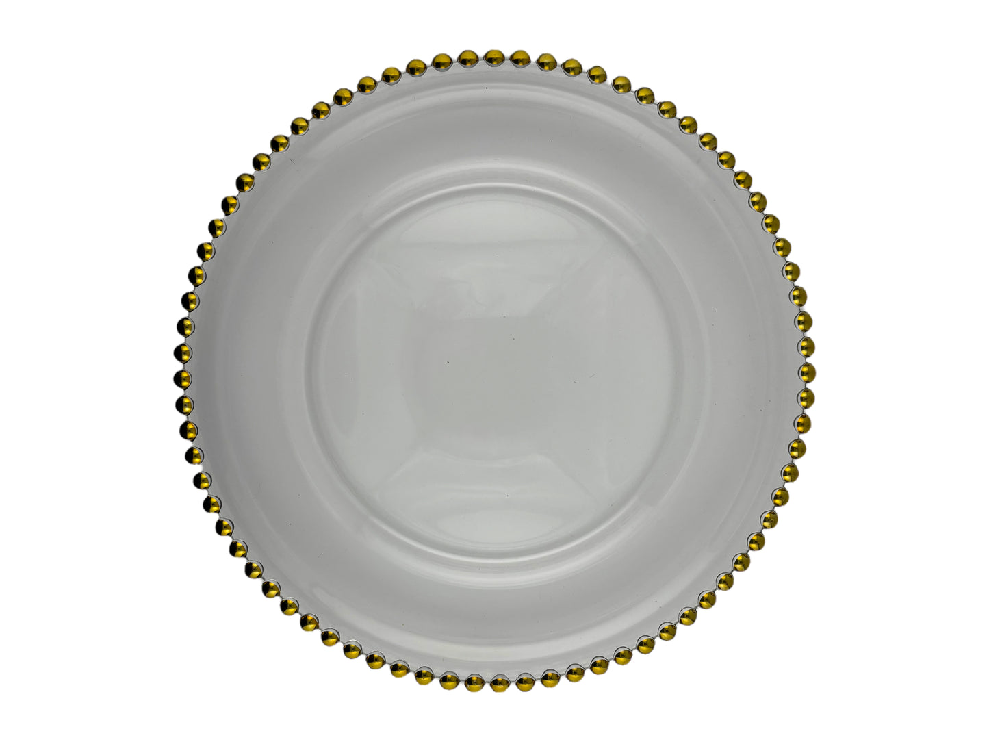 Gläserner Platzteller mit goldenem Perlenrand und 33 cm Durchmesser – elegant & ideal für Hochzeiten und Events in Schleswig-Holstein.
