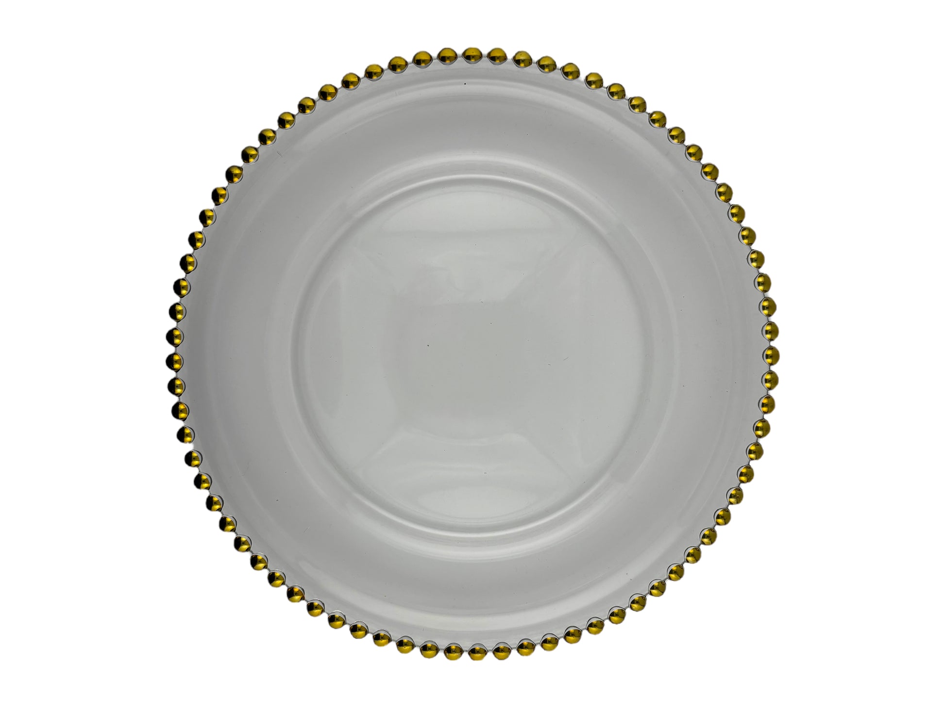 Gläserner Platzteller mit goldenem Perlenrand und 33 cm Durchmesser – elegant & ideal für Hochzeiten und Events in Schleswig-Holstein.
