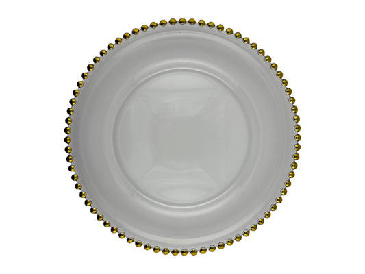Gläserner Platzteller mit goldenem Perlenrand und 33 cm Durchmesser – elegant & ideal für Hochzeiten und Events in Schleswig-Holstein.
