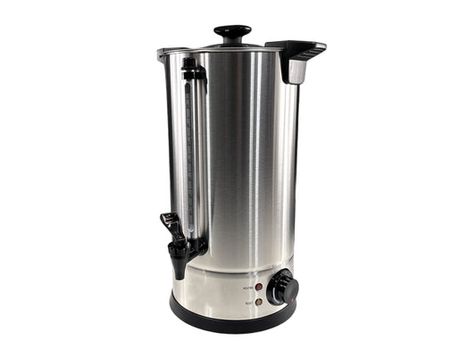 Glühweinspender aus Edelstahl mit Abfüllhahn und Füllstandsanzeige – 10 l, ideal für Glühwein & Punsch auf Weihnachtsfeiern.
