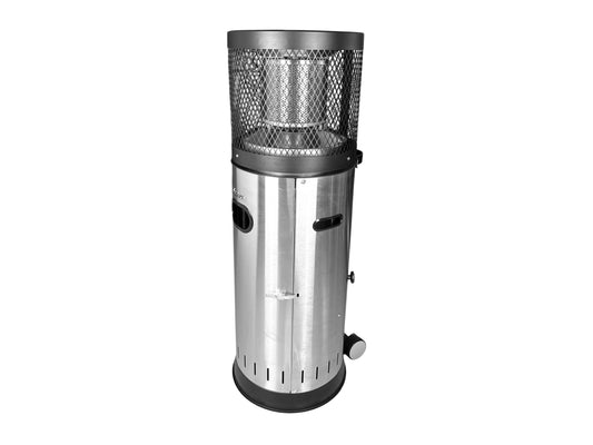 Kleiner Heizpilz aus Edelstahl mit 6 kW Leistung, Ø 42 cm und 115 cm Höhe – ideal für Terrassen, Pavillons und Events, mieten bei Eventverleih SH