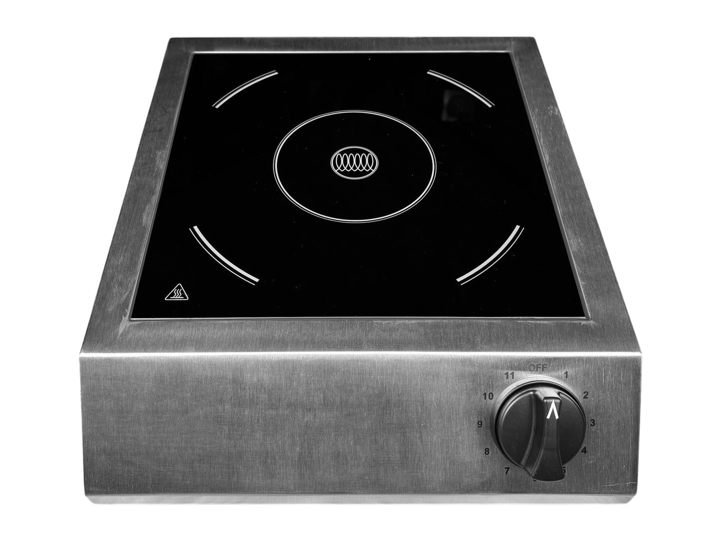 Mobiles Induktionskochfeld aus Edelstahl mit Glaskeramikoberfläche, Drehregler und Pfannenerkennung – ideal für Caterings und Buffets.