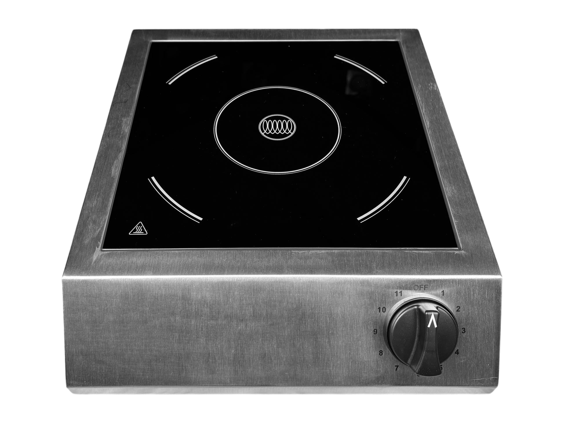 Mobiles Induktionskochfeld aus Edelstahl mit Glaskeramikoberfläche, Drehregler und Pfannenerkennung – ideal für Caterings und Buffets.