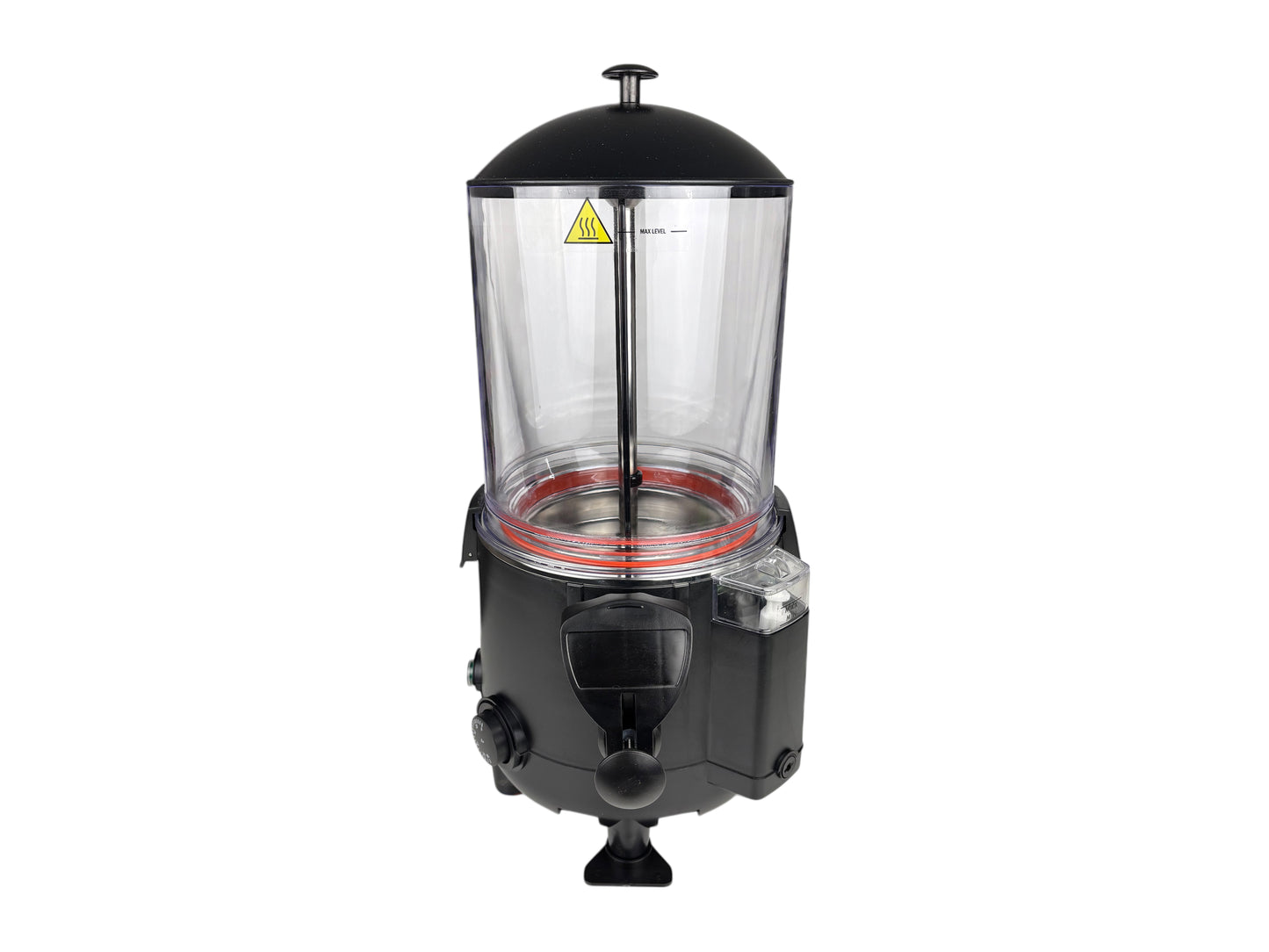 Schwarzer Kakaodispenser mit 10 Litern Volumen, Auslasshahn und Temperaturregelung für 65–90 °C – ideal für heiße Schokolade bei Events.