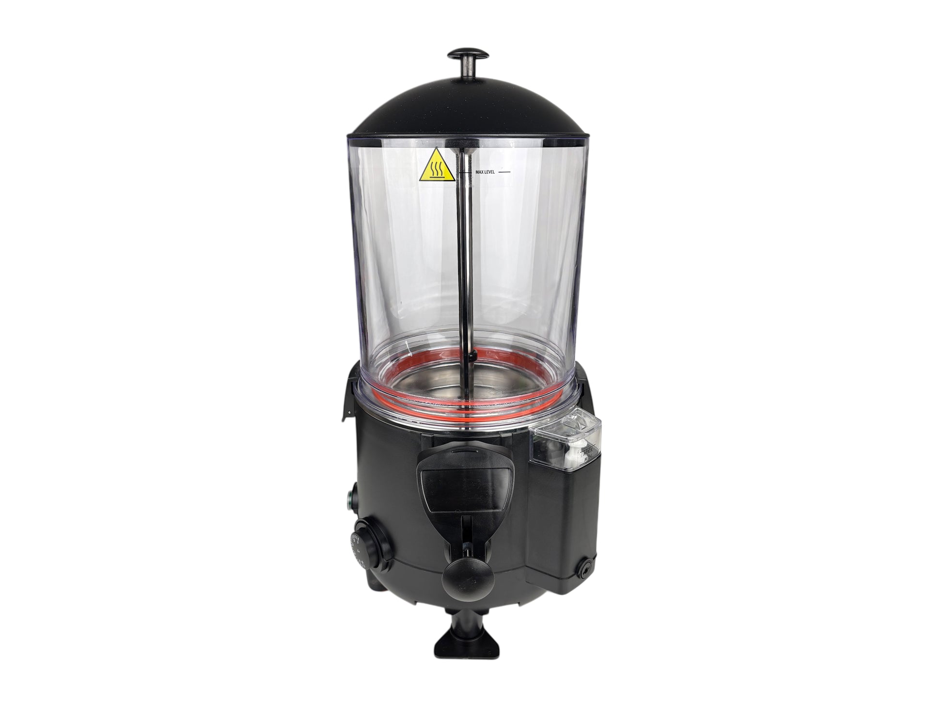 Schwarzer Kakaodispenser mit 10 Litern Volumen, Auslasshahn und Temperaturregelung für 65–90 °C – ideal für heiße Schokolade bei Events.